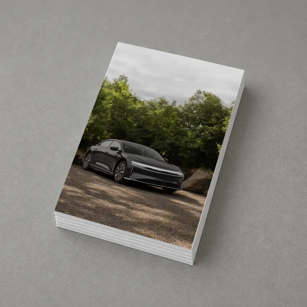 Lucid Air Dark Sedan Parked Among Trees – Postcards