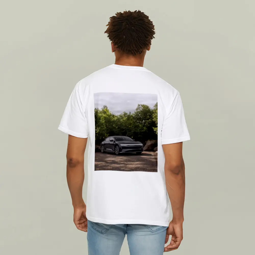 Lucid Air Dark Sedan Parked Among Trees – T-Shirts