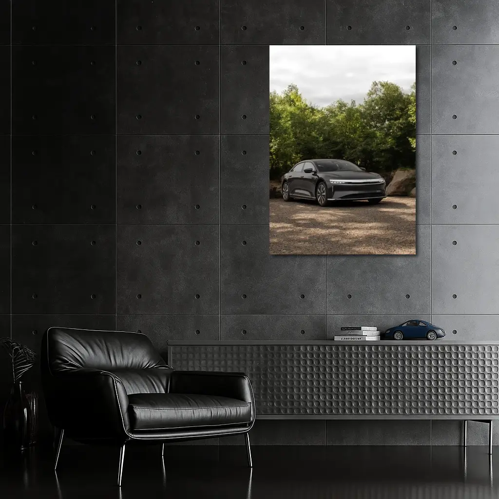 Lucid Air Dark Sedan Parked Among Trees – Wall Art