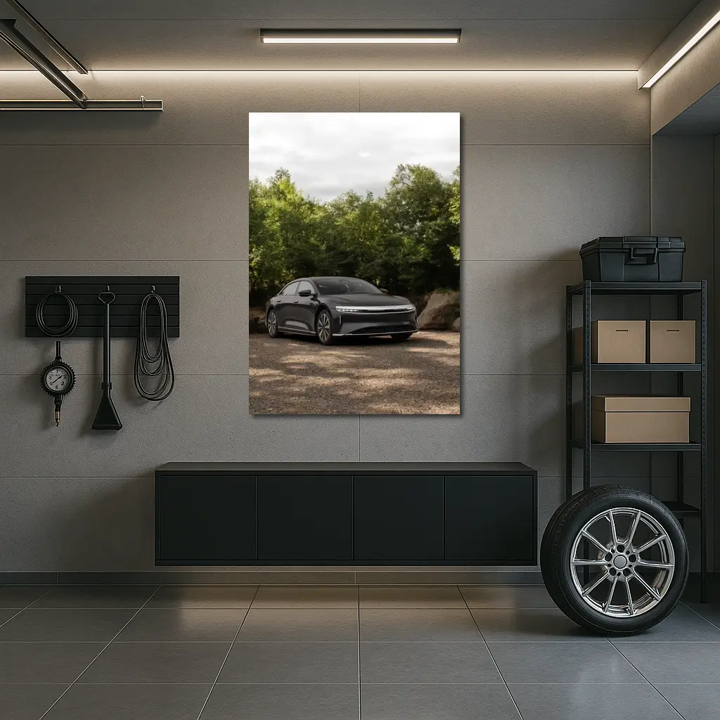 Lucid Air Dark Sedan Parked Among Trees – Wall Art