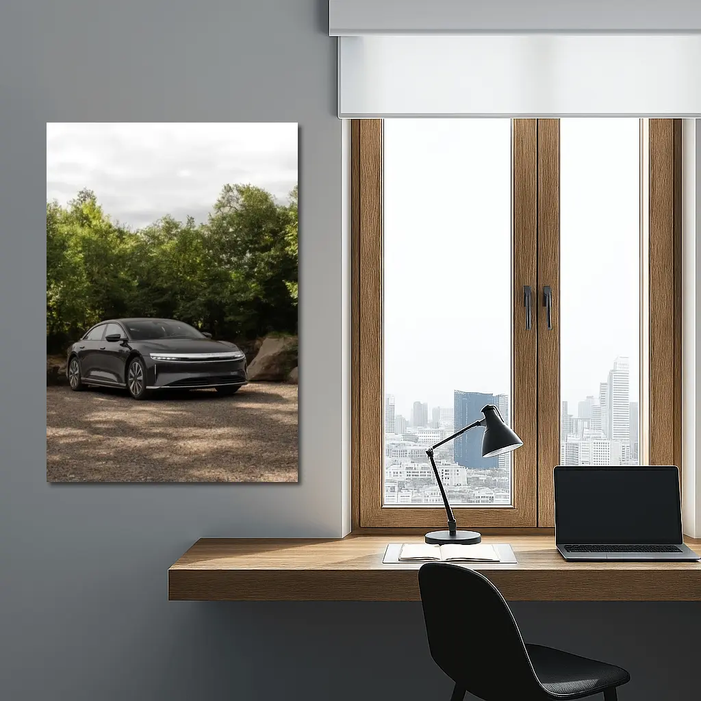 Lucid Air Dark Sedan Parked Among Trees – Wall Art
