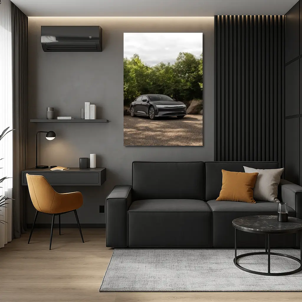 Lucid Air Dark Sedan Parked Among Trees – Wall Art