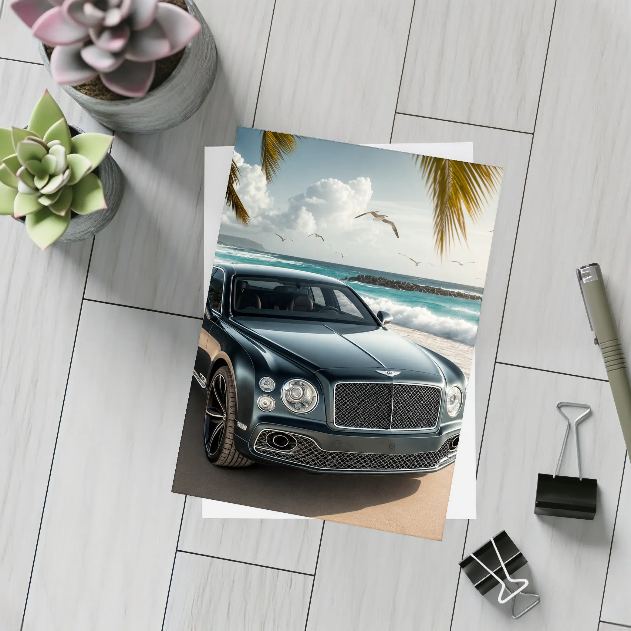 Bentley Mulsanne Parked on Tropical Beach – Postcards