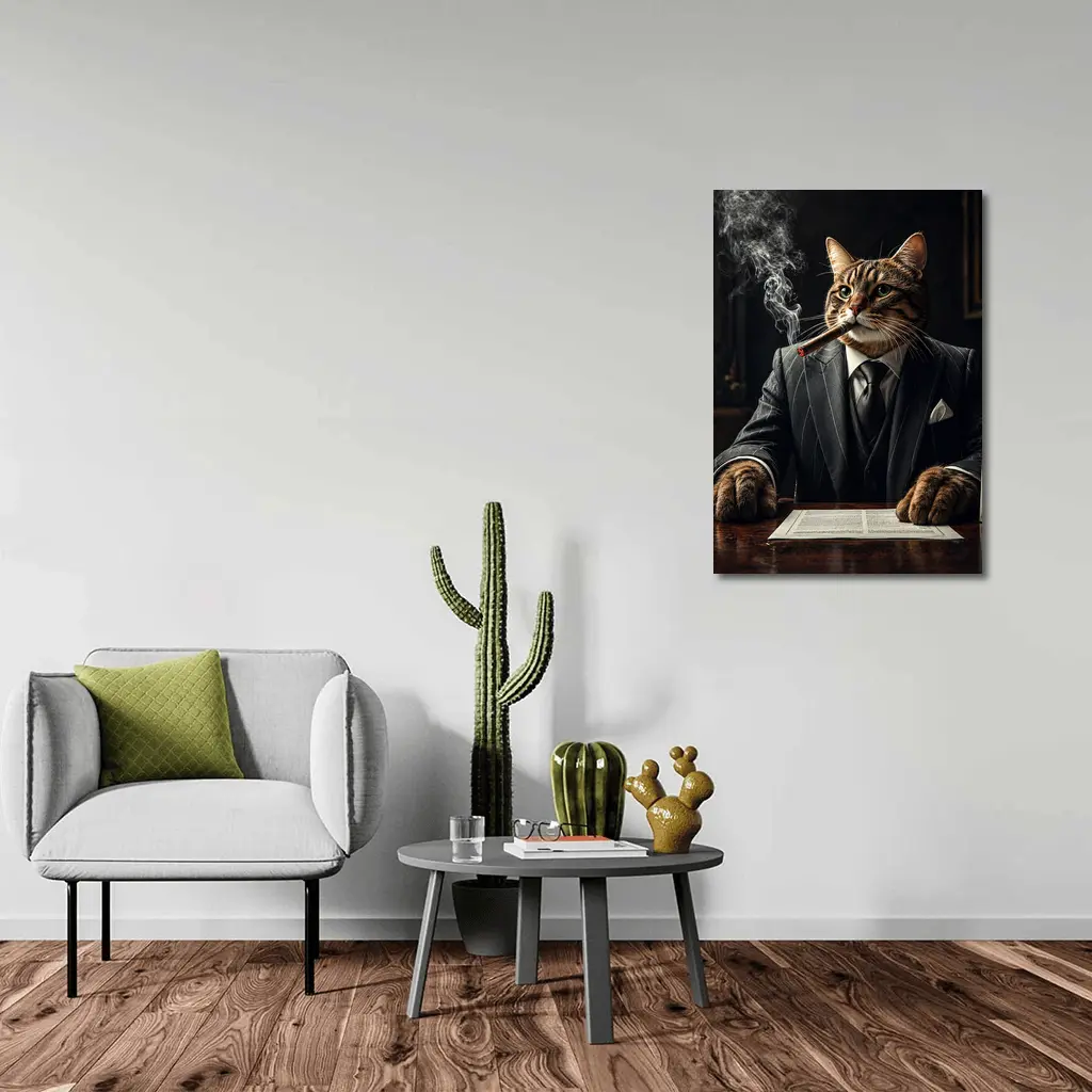 Mafia Boss Cat Smoking Cigar Dark Room – Wall Art