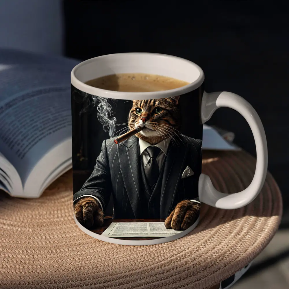 Mafia Boss Cat Smoking Cigar Dark Room – Mugs