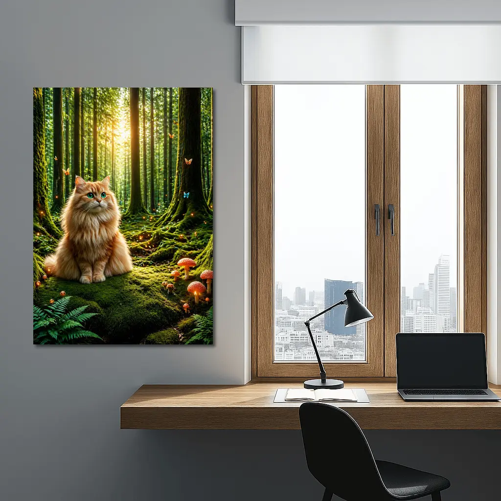 Fluffy Orange Cat Enchanted Forest Mushrooms – Wall Art