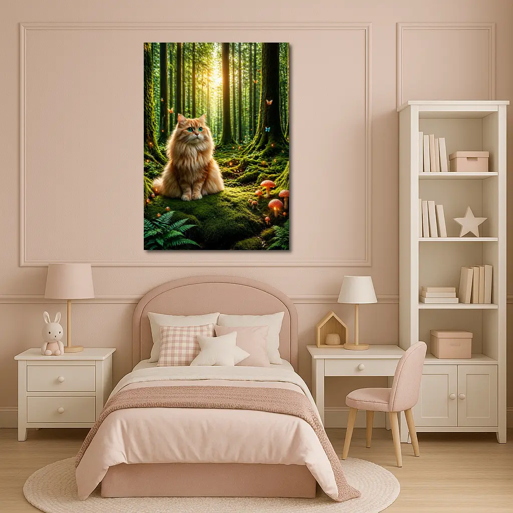 Fluffy Orange Cat Enchanted Forest Mushrooms – Wall Art