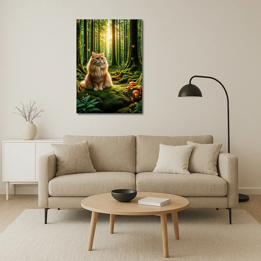 Fluffy Orange Cat Enchanted Forest Mushrooms – Wall Art