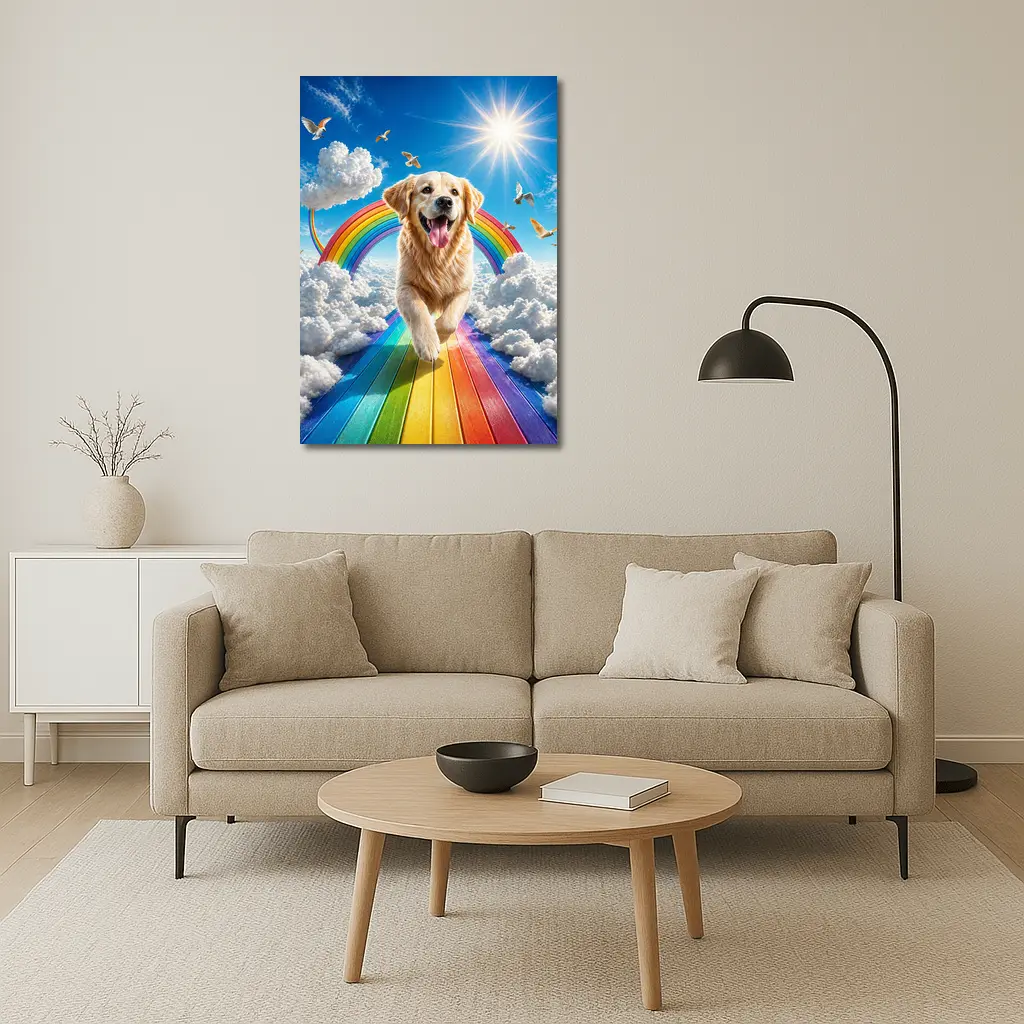 Golden Retriever Running on Rainbow Sky – Wall Art
