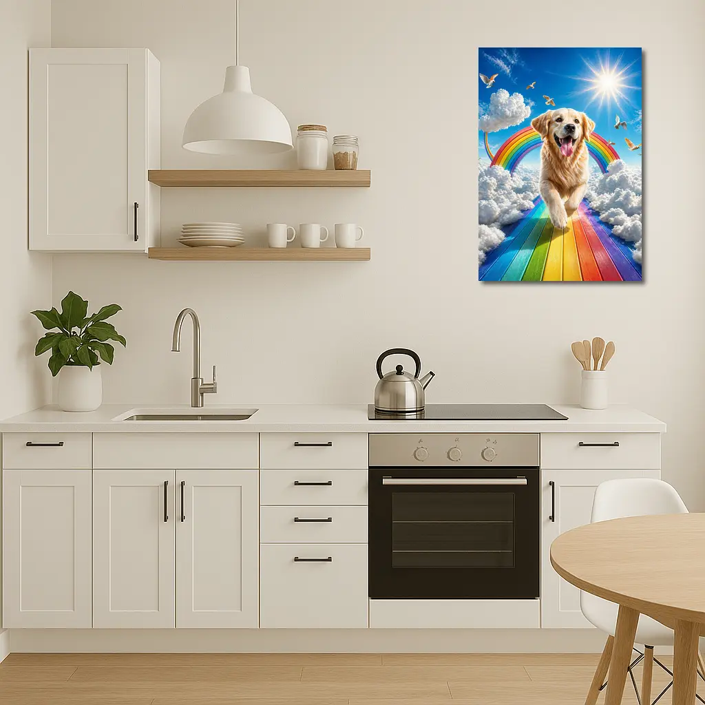Golden Retriever Running on Rainbow Sky – Wall Art