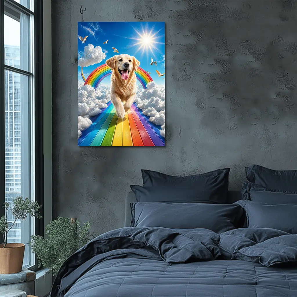 Golden Retriever Running on Rainbow Sky – Wall Art