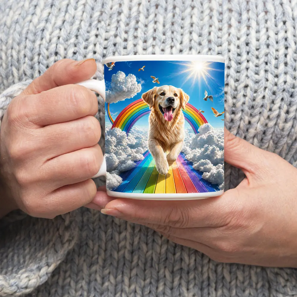 Golden Retriever Running on Rainbow Sky – Mugs