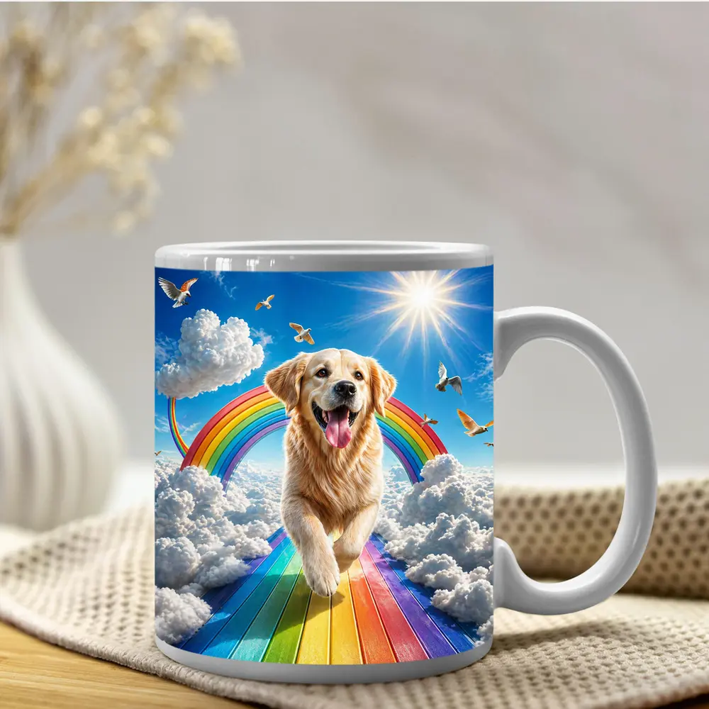 Golden Retriever Running on Rainbow Sky – Mugs