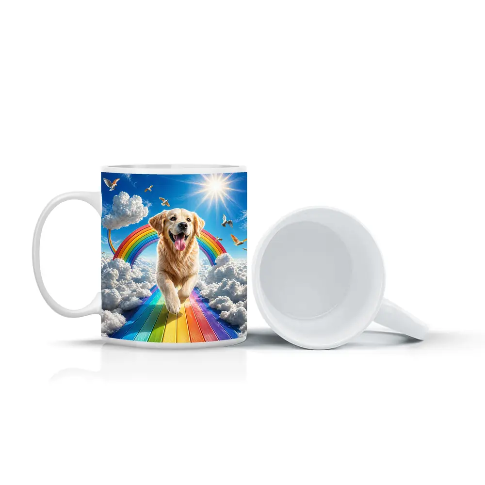 Golden Retriever Running on Rainbow Sky – Mugs