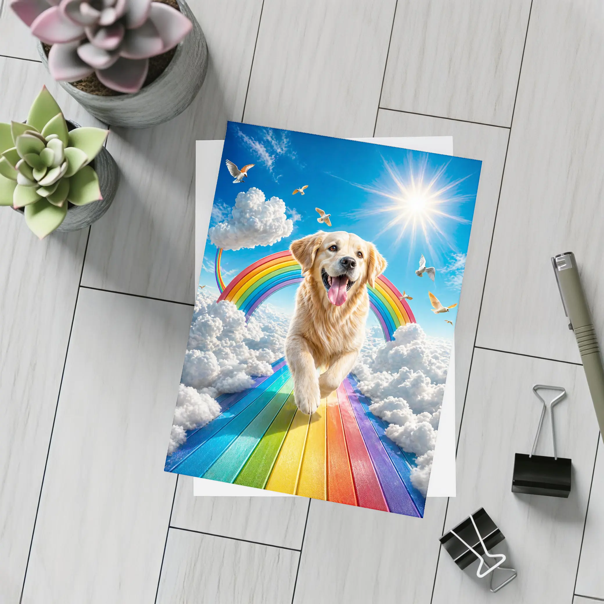 Golden Retriever Running on Rainbow Sky – Postcards