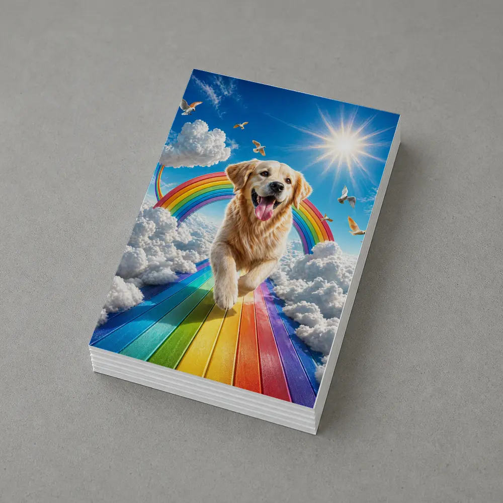 Golden Retriever Running on Rainbow Sky – Postcards