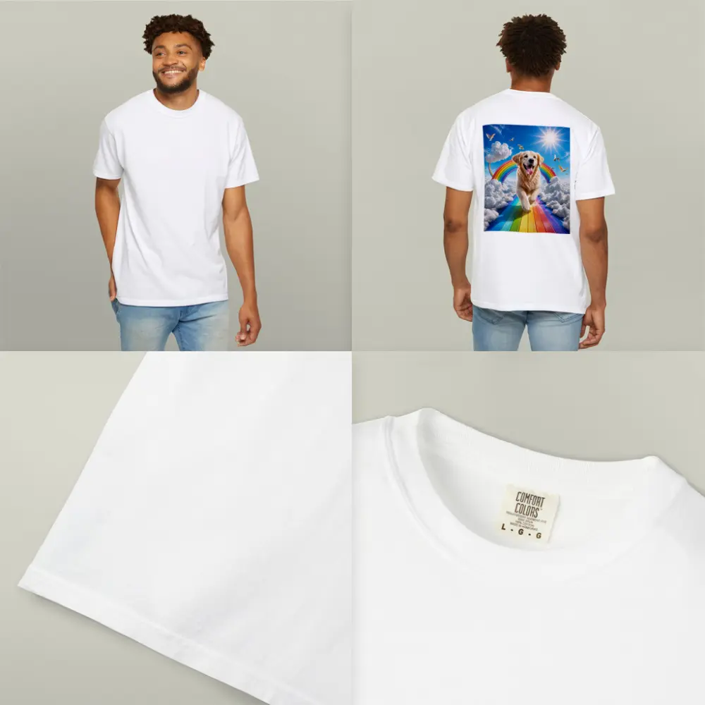 Golden Retriever Running on Rainbow Sky – T-Shirts