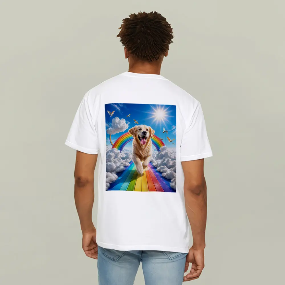 Golden Retriever Running on Rainbow Sky – T-Shirts
