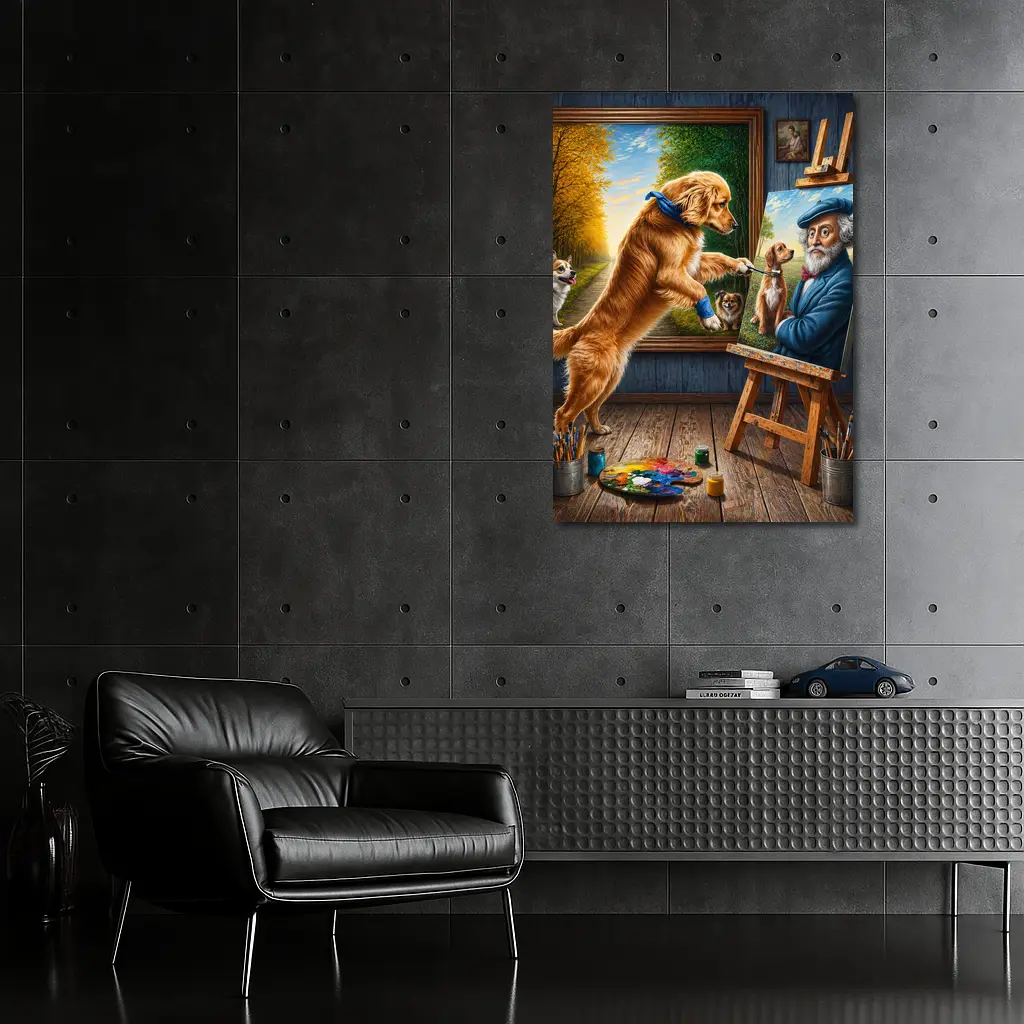 Golden Retriever Painting Artist Studio Scene – Wall Art