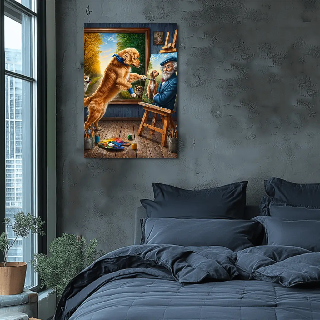 Golden Retriever Painting Artist Studio Scene – Wall Art