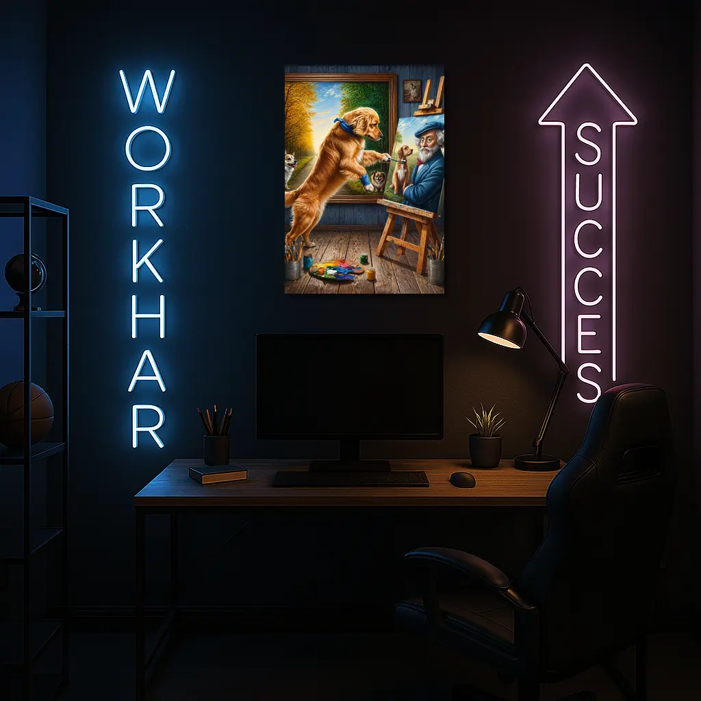 Golden Retriever Painting Artist Studio Scene – Wall Art