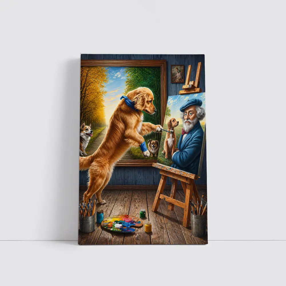 Golden Retriever Painting Artist Studio Scene – Wall Art