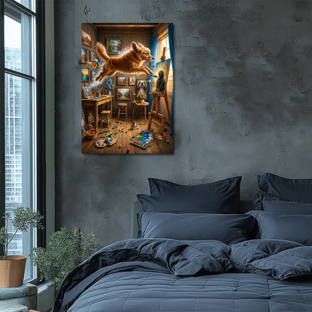 Golden Retriever Leaping Through Artist Studio – Wall Art