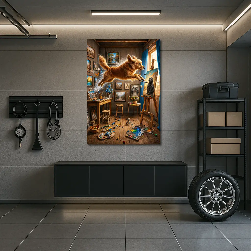 Golden Retriever Leaping Through Artist Studio – Wall Art