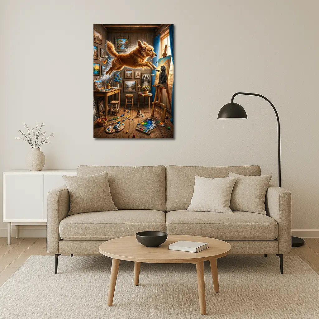 Golden Retriever Leaping Through Artist Studio – Wall Art