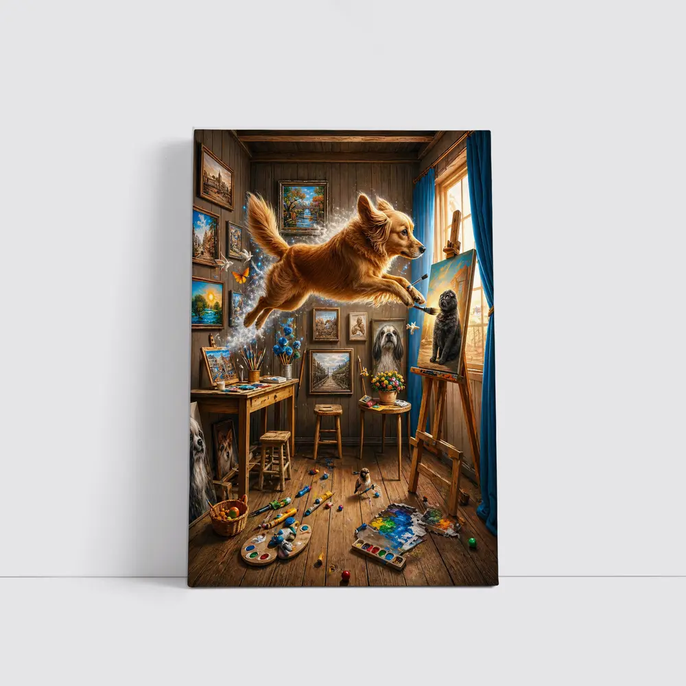 Golden Retriever Leaping Through Artist Studio – Wall Art