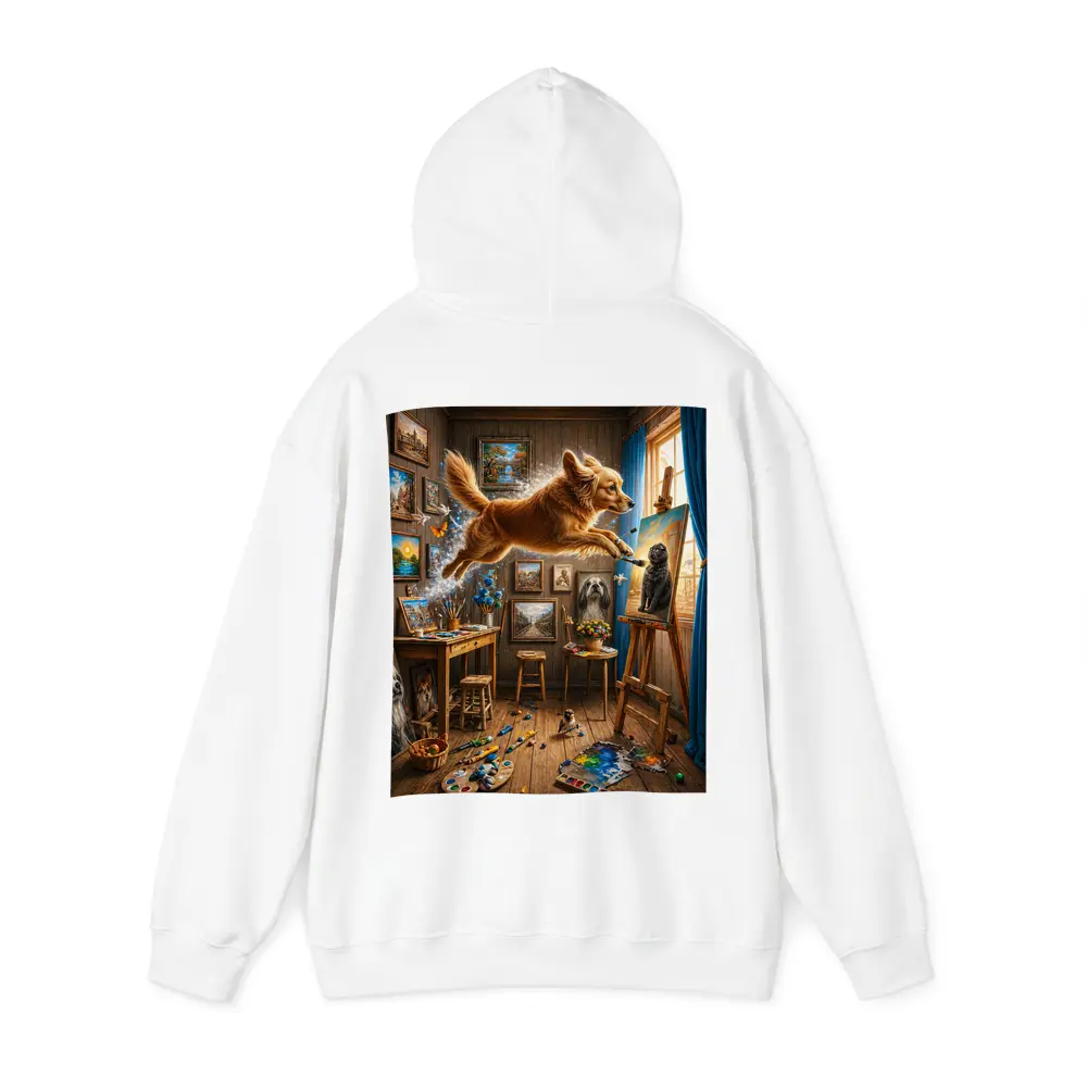 Golden Retriever Leaping Through Artist Studio – Hoodies
