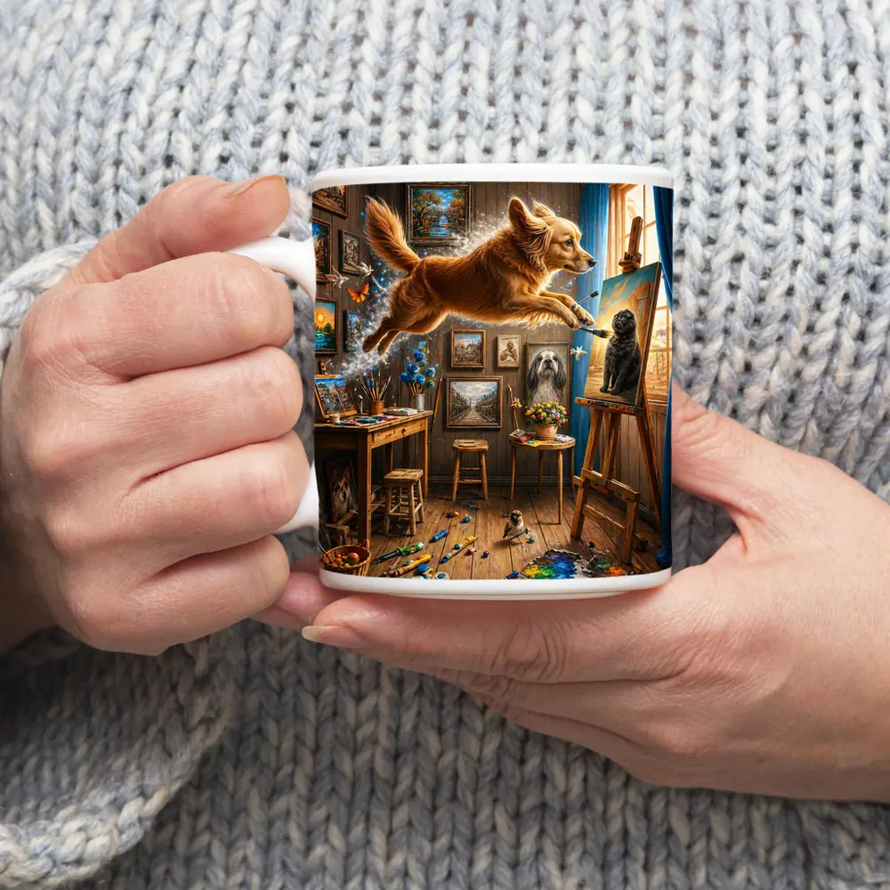 Golden Retriever Leaping Through Artist Studio – Mugs