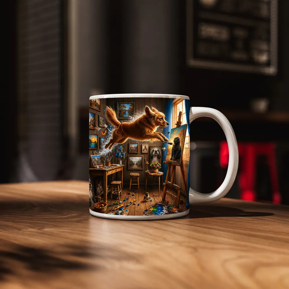Golden Retriever Leaping Through Artist Studio – Mugs