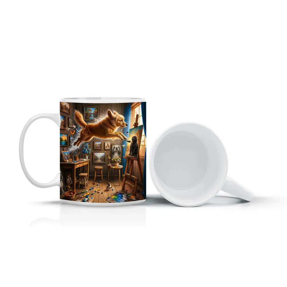 Golden Retriever Leaping Through Artist Studio – Mugs