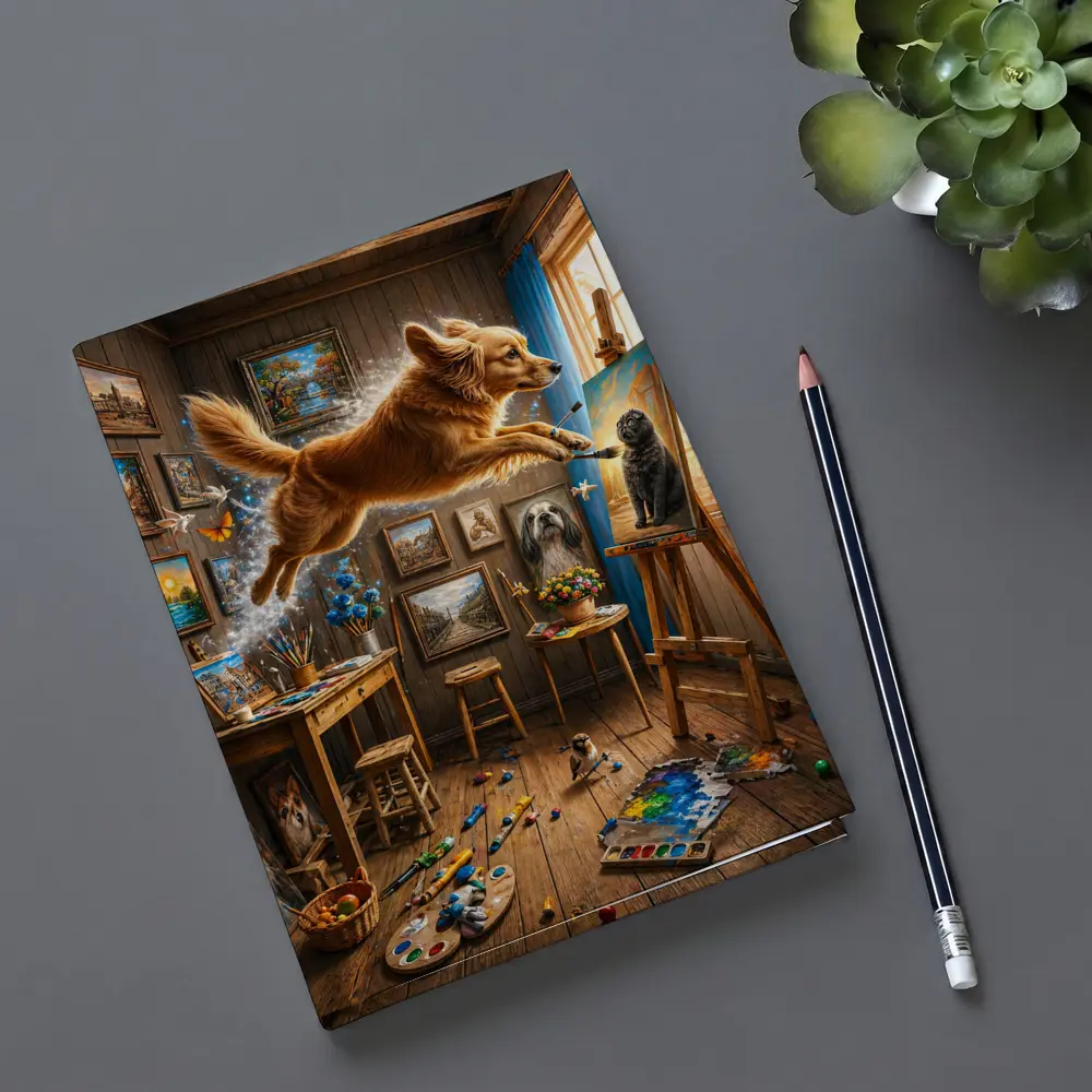 Golden Retriever Leaping Through Artist Studio – Notebooks