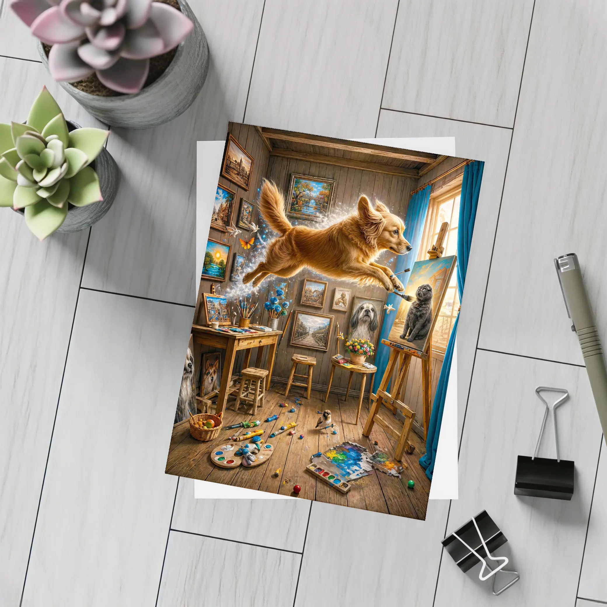 Golden Retriever Leaping Through Artist Studio – Postcards