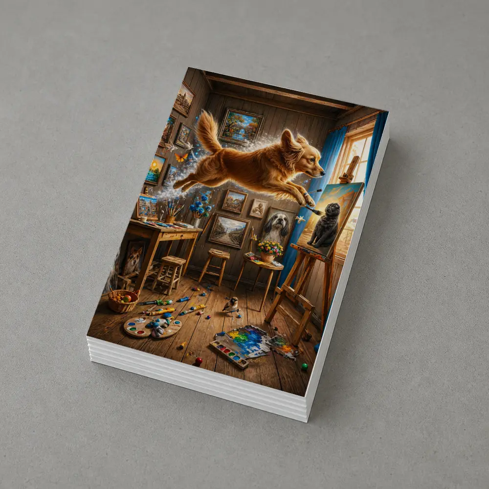 Golden Retriever Leaping Through Artist Studio – Postcards