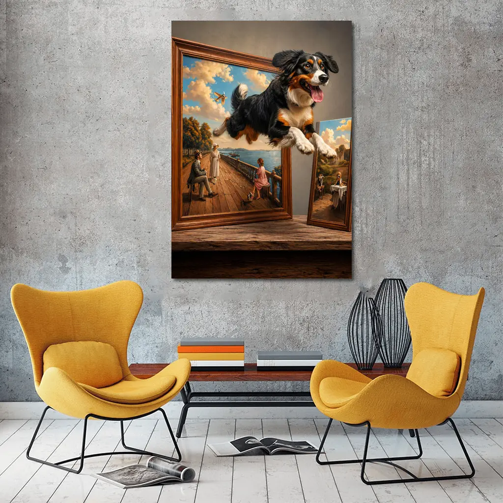 Bernese Mountain Dog Leaping From Classic Painting – Wall Art