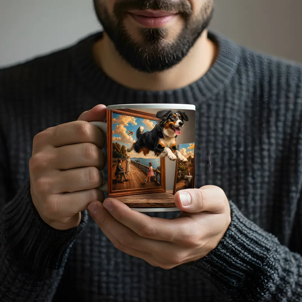 Bernese Mountain Dog Leaping From Classic Painting – Mugs