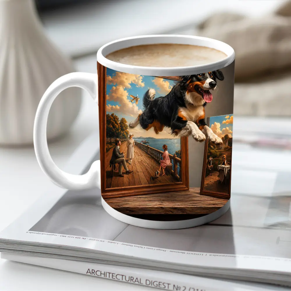 Bernese Mountain Dog Leaping From Classic Painting – Mugs