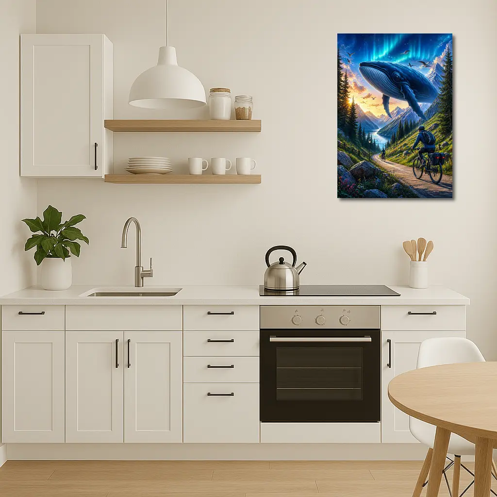 Giant Whale Flying Over Mountain Bicycle Path – Wall Art