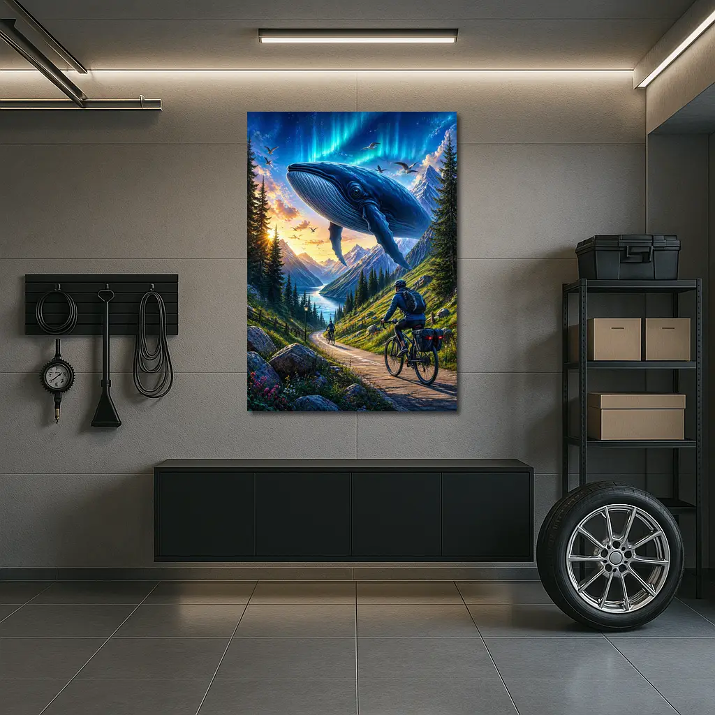 Giant Whale Flying Over Mountain Bicycle Path – Wall Art