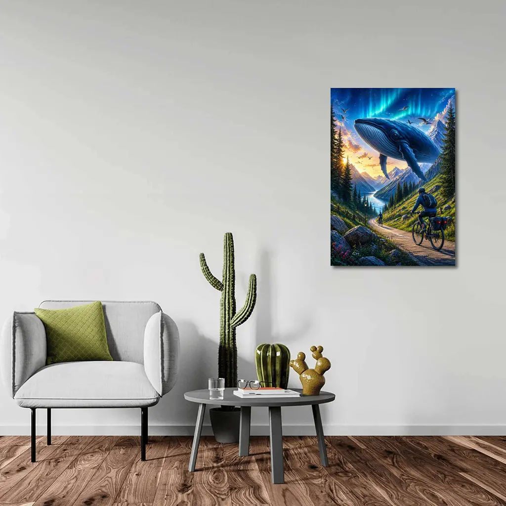 Giant Whale Flying Over Mountain Bicycle Path – Wall Art