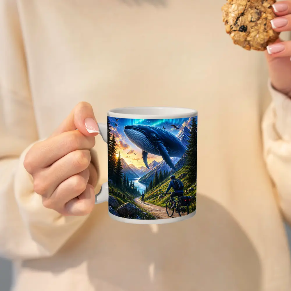 Giant Whale Flying Over Mountain Bicycle Path – Mugs
