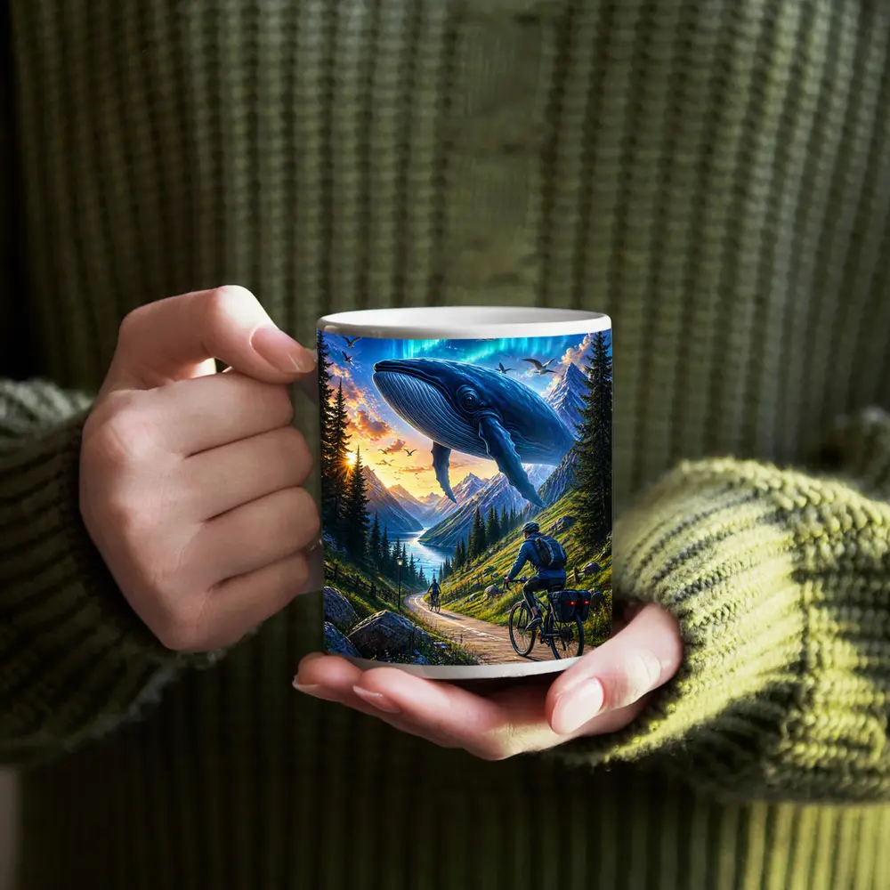 Giant Whale Flying Over Mountain Bicycle Path – Mugs