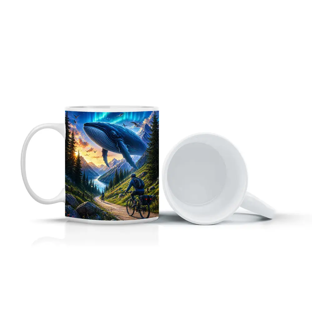 Giant Whale Flying Over Mountain Bicycle Path – Mugs
