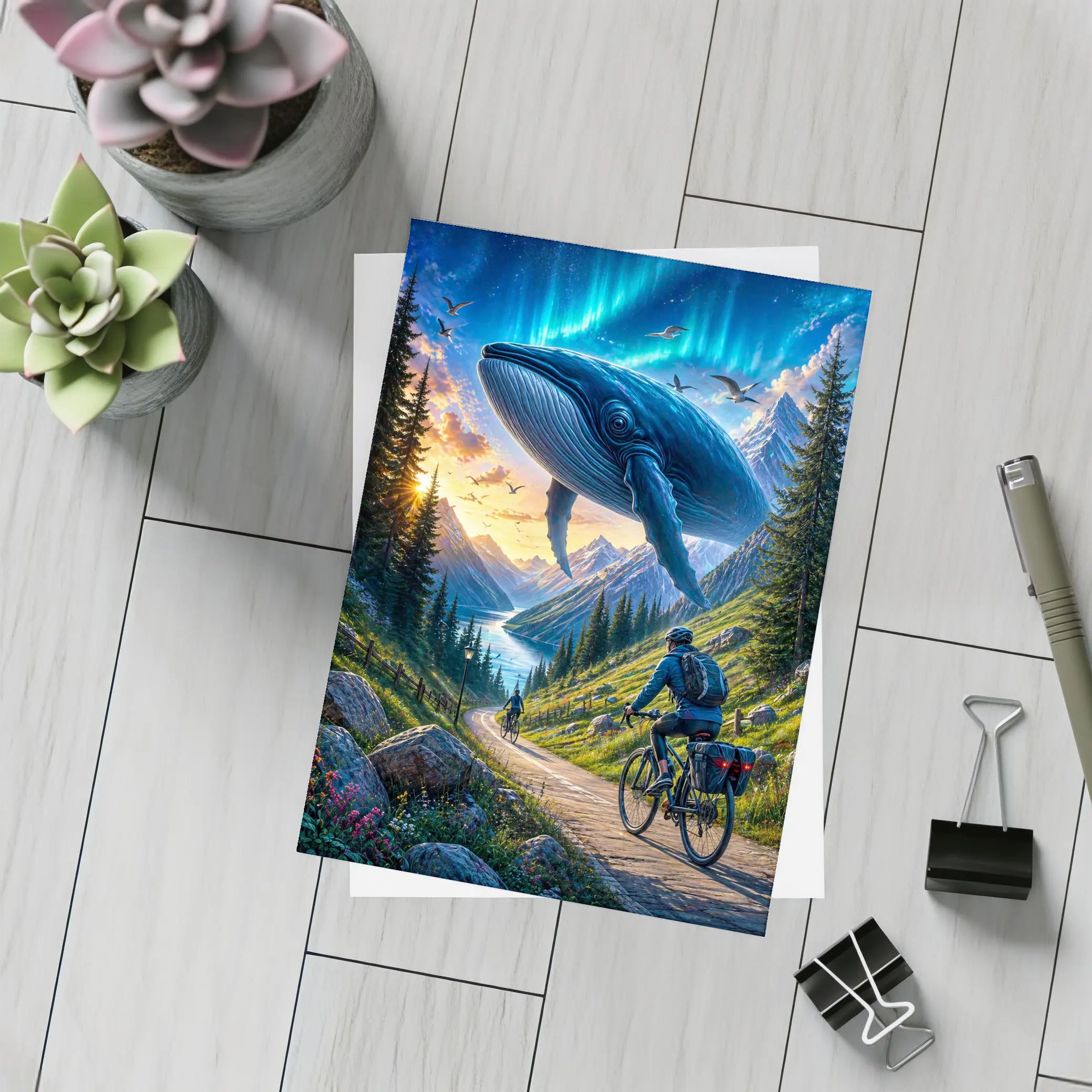 Giant Whale Flying Over Mountain Bicycle Path – Postcards
