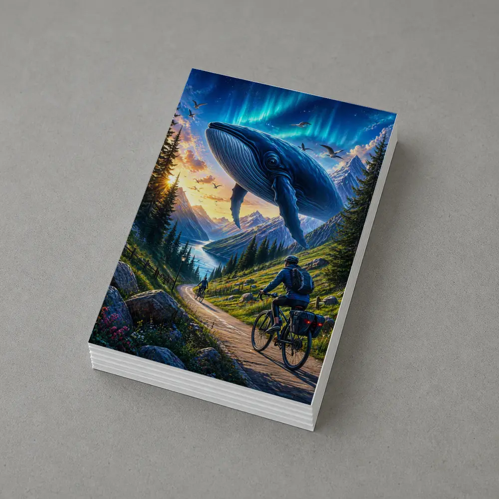 Giant Whale Flying Over Mountain Bicycle Path – Postcards