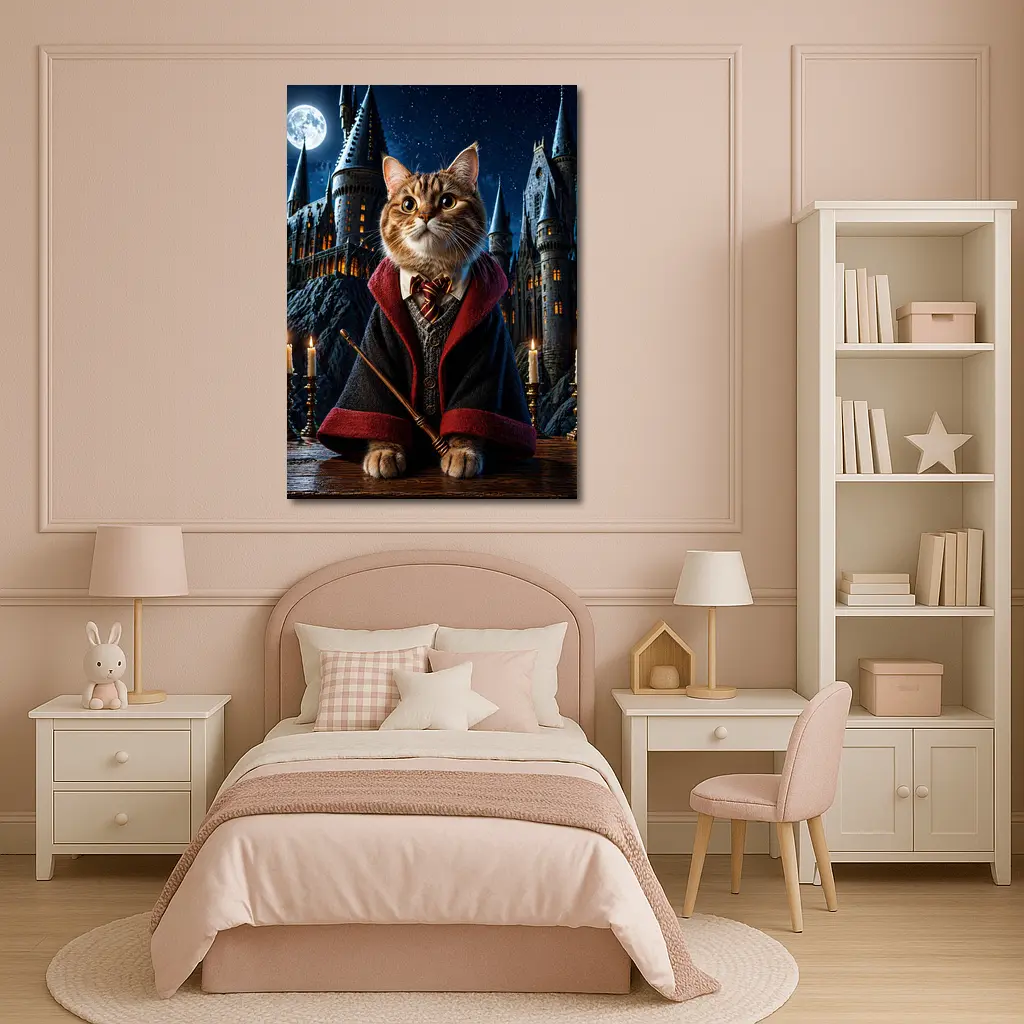 Wizard Cat in Hogwarts Castle Night – Wall Art