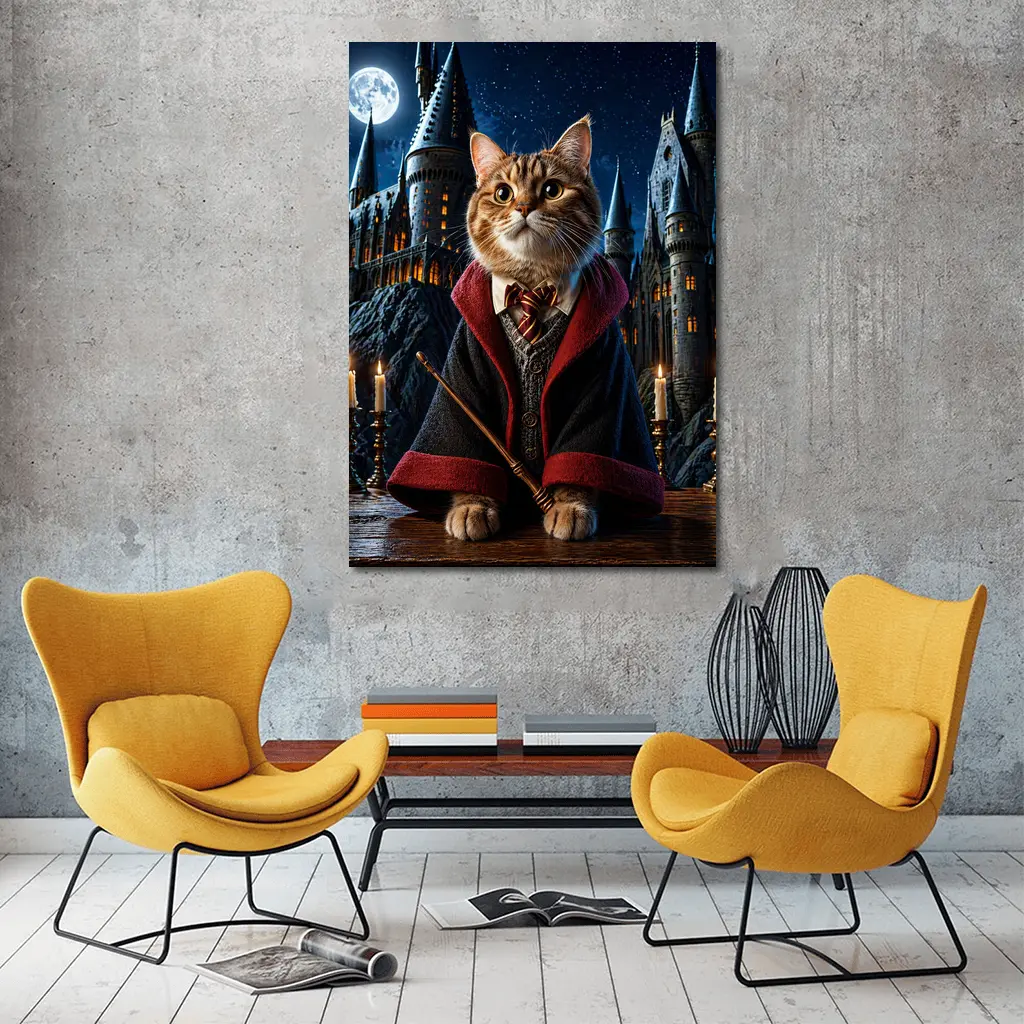 Wizard Cat in Hogwarts Castle Night – Wall Art